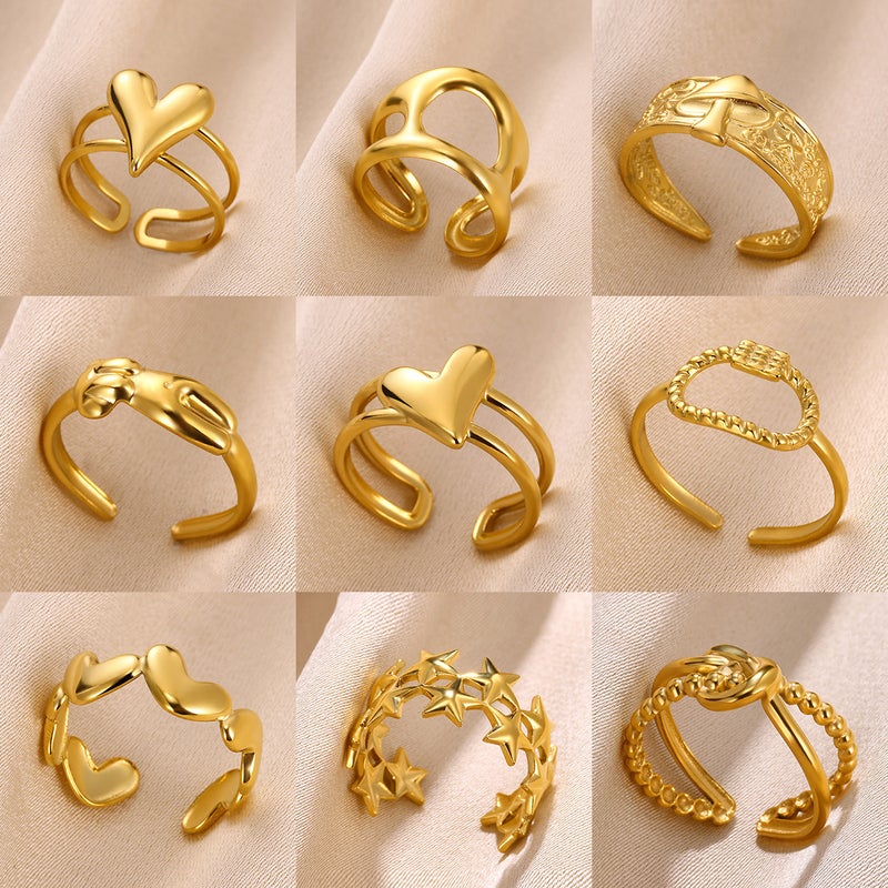 New Heart-Shaped Stainless Steel Ladies Ring Geometric Hollow Star Ring Plated 18K Gold Opening Ring - Image 2